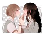  2girls black_hair bob_cut border brown_hair cardigan collared_shirt commentary_request cropped_torso eye_contact from_side grey_background grey_cardigan grey_shirt grey_vest hands_up layered_sleeves licking licking_another's_finger licking_finger long_hair long_sleeves looking_at_another multiple_girls open_mouth original outside_border parted_lips polka_dot polka_dot_background profile raised_inner_eyebrows school_uniform shirt short_hair short_sleeves straight_hair vest white_border yamabiko_(yamabicoco) yuri 