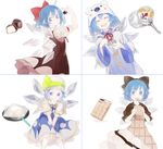  adapted_costume alternate_color alternate_costume black_dress blue_dress blue_eyes blue_hair bow brown_dress cirno closed_eyes dress eating fairy food hair_ornament hair_ribbon hat hat_ribbon hood ice ice_wings long_sleeves looking_at_viewer looking_back mouth_hold multiple_persona open_mouth puffy_sleeves ribbon shihou_(g-o-s) short_hair short_sleeves simple_background smile spoon touhou white_background wide_sleeves wings 