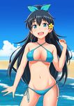  beach bikini black_hair blue_eyes bow breasts cameltoe cleavage cloud criss-cross_halter day earrings flower ganaha_hibiki hair_bow hair_flower hair_ornament halter_top halterneck hoop_earrings idolmaster idolmaster_(classic) jewelry long_hair medium_breasts navel open_mouth outdoors plumeria ponytail shiny shiny_skin side-tie_bikini sky smile standing swimsuit yoga_doujou_(misawajima) 