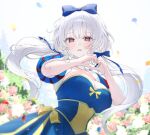  1girl :3 amakusa_fran blue_bow blue_dress blurry blurry_background bow breasts cleavage commentary_request commission dress floating_hair flower hair_bow hands_up heart heart_hands indie_virtual_youtuber large_breasts long_hair looking_at_viewer namedango_(uouodango) parted_lips petals purple_eyes ribbon skeb_commission solo two-tone_dress upper_body white_background white_hair yellow_bow yellow_ribbon 