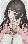  1girl akubieokaku animal black_eyes black_hair cat closed_mouth commentary_request eyelashes grey_background grid_background hair_ornament heart heart_hair_ornament highres holding holding_animal jewelry long_hair long_sleeves looking_at_viewer multiple_rings original outline pants pink_lips pink_sweater ring sleeves_past_wrists solo striped_clothes striped_pants sweater vertical-striped_clothes vertical-striped_pants wavy_hair white_outline white_pants 