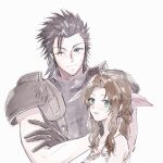  1boy 1girl aerith_gainsborough armor bare_shoulders black_gloves black_hair blue_eyes braid braided_ponytail brown_hair closed_mouth crisis_core:_final_fantasy_vii cross_scar crossed_arms final_fantasy final_fantasy_vii gloves green_eyes hair_ribbon hatidoricrisp long_hair looking_at_viewer one_eye_closed parted_lips pink_ribbon ponytail ribbon scar scar_on_cheek scar_on_face short_hair shoulder_armor sleeveless sleeveless_turtleneck smile spiked_hair suspenders sweater turtleneck turtleneck_sweater upper_body white_background zack_fair 