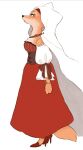  1girl alternate_costume angry animal_collar animal_nose arm_at_side body_fur bracelet breasts brown_eyes clenched_hand closed_mouth collar commentary corset dress fox_girl fox_tail from_side full_body furry furry_female half-closed_eyes high_heels highres jewelry long_dress long_sleeves looking_at_viewer maid_marian_(disney) meme_(penpengusa_no_meme) off-shoulder_dress off_shoulder orange_fur profile raglan_sleeves red_dress red_shoes robin_hood_(disney_movie) sad shoes simple_background small_breasts snout solo standing tail tears two-tone_fur untranslatable_commentary v-shaped_eyebrows veil white_background white_sleeves white_veil 