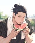  1boy black_hair black_nails black_shirt blurry blurry_background brown_eyes closed_mouth commentary_request eating food fruit geto_suguru hair_bun highres holding holding_food holding_fruit jujutsu_kaisen looking_at_viewer male_focus plug_(piercing) shirt single_hair_bun solo t-shirt towel towel_around_neck upper_body wanwandeluxa watermelon watermelon_seeds watermelon_slice 