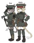  2girls adjusting_eyewear animal_ears animal_nose axe backpack bag blonde_hair boots cat_ears cat_tail collar entrenching_tool field_cap furry furry_female glasses gloves green_collar grey_hair hand_on_own_hip hat hatchet_(axe) highres holding holding_weapon load-bearing_equipment medium_hair military military_uniform multiple_girls one_eye_closed original puttees red_cross_armband skirt smile soldier srmk0 striped_fur tail thighhighs weapon white_background world_war_i 