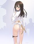  artist_name ass blush brown_hair from_behind fundoshi green_eyes idolmaster idolmaster_cinderella_girls japanese_clothes long_hair looking_at_viewer looking_back ribbon shibuya_rin signature solo thigh_ribbon tougetsu_gou yamakasa 