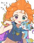  1girl bare_shoulders blue_eyes blush bracelet braid cat commentary finger_to_cheek hair_ornament heterochromia jewelry league_of_legends long_hair looking_at_viewer midriff multicolored_hair nana_(cherry_tommy) orange_hair purple_eyes purple_hair smile tongue tongue_out very_long_hair yuumi_(league) zoe_(league) 
