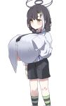  1girl alternate_breast_size_(larger) black_hair black_halo black_necktie black_shorts blue_archive bracelet breasts commentary_request green_socks halo highres huge_breasts jewelry korean_commentary lir_(cuhc3357) multicolored_hair narrow_hips necktie oppai_loli purple_socks shirt short_twintails shorts sleeves_past_fingers sleeves_past_wrists socks streaked_hair striped_clothes striped_socks tsubasa_(blue_archive) twintails underboob white_background white_shirt yellow_eyes 