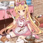  3: apron arm_strap bag bell blonde_hair blush bow bowl braid chocolate chocolate_making chocolate_on_face chocolate_on_legs cream dirty_clothes dress egg food food_on_face hair_bow hair_over_shoulder horns jingle_bell kidatsu!_dungeons_lord kitchen kyoma_(yellowxcake) long_hair messy messy_room mixing_bowl original pink_dress red_eyes shopping_bag sitting solo spilling tears thighhighs twin_braids valentine very_long_hair waist_apron wariza wavy_mouth whisk white_legwear zettai_ryouiki 