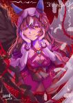  1girl animal_ears black_thighhighs breasts brown_hair character_name cleavage commentary_request detached_sleeves dress ear_covers ear_ribbon funaya_sakichi hair_between_eyes hair_ornament hands_on_own_cheeks hands_on_own_face highres horse_ears horse_girl large_breasts long_hair looking_at_viewer multicolored_hair parted_lips red_eyes ribbon smile solo still_in_love_(scarlet_vow_raiment)_(umamusume) still_in_love_(umamusume) streaked_hair thighhighs umamusume veil white_streaks white_veil wings 