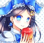  apple black_hair blue_eyes blush bow chisa dated earrings food frills fruit hair_bow hair_ornament holding jewelry long_hair puzzle_&amp;_dragons smile snow_white_(p&amp;d) solo star star-shaped_pupils symbol-shaped_pupils twitter_username upper_body 