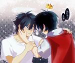  2boys black_eyes black_hair cape chinese_text commentary crown false_memory grabbing_another's_arm guan_chao_(false_memory) halo hand_on_another's_face hand_on_another's_shoulder highres jacket looking_at_another male_focus mini_crown multiple_boys nangu0417 protagonist_halo red_cape shirt short_sleeves simplified_chinese_text solo speech_bubble sweatdrop translated white_shirt yaoi 