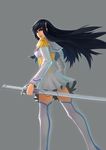  black_hair boots dress epaulettes from_behind grey_background highres junketsu kill_la_kill kiryuuin_satsuki konoy lips long_hair looking_back solo sword thigh_boots thighhighs weapon white_footwear white_legwear zettai_ryouiki 