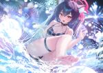  1girl alternate_costume animal_ear_fluff animal_ears bare_shoulders bikini black_bikini black_hair blue_archive blush breasts cat_ears cat_girl commentary_request crossed_bangs double-parted_bangs frilled_bikini frills hair_between_eyes halo highres long_hair looking_at_viewer neonewcatnyan pink_halo red_eyes serika_(blue_archive) solo swimsuit thigh_strap twintails 