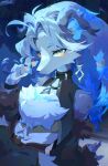  1girl absurdres ahoge animal_hands bare_shoulders blue_fur blue_hair bracelet braid chest_fur chiffonpaw choker closed_mouth commentary_request expressionless furry furry_female genshin_impact grey_fur grey_hair hand_up highres jewelry korean_commentary long_hair looking_at_viewer multicolored_hair playing_with_own_hair signature streaked_hair two-tone_fur voywolf_hunter white_fur white_hair wolf_girl yellow_eyes 