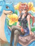  1girl black_pantyhose black_shirt bracelet breasts brown_eyes cleavage closed_mouth collarbone commentary_request crossed_legs eyelashes flower glasses highres jewelry lapras long_hair lorelei_(pokemon) marker_(medium) nail_polish orange_hair pantyhose pokemon pokemon_(creature) pokemon_firered_and_leafgreen popped_collar red_nails riding riding_pokemon shirt side_slit sidelocks sitting skirt sleeveless sleeveless_shirt smile tomo115 traditional_media yellow_flower 