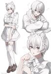  1boy absurdres agamemega animal_ears bow brown_shoes buttons cat_ears clenched_hands close-up closed_mouth commentary crossed_arms ear_piercing fake_animal_ears garter_straps grey_eyes hair_between_eyes heart highres hood hoodie legs lower_teeth_only maid male_focus nose open_mouth original paw_pose phone piercing puffy_short_sleeves puffy_sleeves shoes short_hair short_sleeves simple_background sleepy solo teeth thighhighs thighs tongue translation_request white_background white_bow white_hair white_hoodie 
