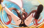  1girl absurdres black_hat black_nails black_shorts boo_tao_(genshin_impact) brown_hair coattails flower flower-shaped_pupils foot_out_of_frame genshin_impact ghost hair_between_eyes hat hat_flower highres hu_tao_(genshin_impact) long_hair long_sleeves outstretched_legs plum_blossoms porkpie_hat red_eyes shoe_soles shorts smile solo spread_eagle_position symbol-shaped_pupils tailcoat twintails very_long_hair xxx_da_n00b_xxx 