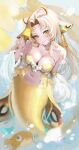  1girl absurdres antennae arthropod_girl artist_name bare_shoulders blonde_hair breasts cleavage closed_mouth collarbone commentary earrings eyelashes fingernails fins fish fish_tail from_above highres holding indie_virtual_youtuber jewelry long_fingernails long_hair looking_at_viewer merfolk mermaid monster_girl moth_antennae moth_girl nail_polish navel official_alternate_costume puffer_fish rosebell sanagi_yuzu sanagi_yuzu_(mermoth) signature solo tail underwater virtual_youtuber yellow_eyes yellow_nails 