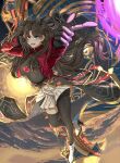  1girl alternate_breast_size_(larger) asymmetrical_legwear black_gloves black_hair black_shirt black_thighhighs blue_eyes breasts caladbolg_(fate) commentary_request earrings fate/stay_night fate/unlimited_blade_works fate_(series) gem gloves heavenly_boat_maanna highres honkai:_star_rail honkai_(series) hoop_earrings jacket jewelry large_breasts long_hair looking_at_viewer pendant rchella red_gem red_jacket rin's_pendant_(fate) shirt single_leg_pantyhose skirt smile solo thighhighs tohsaka_rin tohsaka_rin_(honkai:_star_rail) twintails two_side_up uneven_legwear very_long_hair white_skirt 