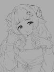 1girl absurdres animal_ears commentary curled_horns curly_hair english_commentary estelle_(vtuber) grey_background greyscale highres horns indie_virtual_youtuber lineart mole mole_under_mouth monochrome ratsiclestick ribbon sheep_girl simple_background sketch solo upper_body virtual_youtuber 