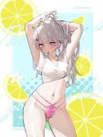  1girl adjusting_hair arms_up artist_request ass_visible_through_thighs bikini collarbone commentary_request ear_piercing earrings food fruit groin hair_tie hair_tie_in_mouth highres indie_virtual_youtuber jewelry lemon lemon_slice looking_at_viewer mouth_hold multicolored_hair musical_note_earrings navel otokagi_mero piercing pink_bikini pink_eyes pink_hair pink_streaks second-party_source shirt solo standing streaked_hair swimsuit tied_shirt two-tone_hair virtual_youtuber white_hair white_shirt 