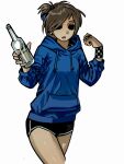  1girl :o alcohol animification black_shorts blue_hoodie bottle breasts brown_hair checkered_wristband cowboy_shot drawstring drink eddsworld eyebrow_piercing face_piercing heart2d1 highres holding holding_bottle holding_drink hollow_eyes hood hood_down hoodie long_sleeves looking_at_viewer open_mouth piercing short_hair short_shorts shorts simple_background small_breasts solo standing swept_bangs tamara_(eddsworld) tan topknot vodka white_background wristband 