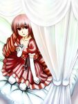  1girl bed chloe_blanc collarbone commentary_request curtains dress drill_hair elbow_gloves expressionless flower full_body gloves long_hair looking_at_viewer open_mouth original puffy_short_sleeves puffy_sleeves red_dress red_eyes red_flower red_hair red_rose rose sengoku_esuji short_sleeves solo thighhighs twin_drills white_gloves white_thighhighs 