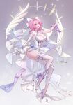  1girl absurdres breasts bridal_veil cleavage commentary feathered_wings gloves grey_background highres large_breasts leotard medium_hair pink_hair pointy_ears princess_ailish purple_eyes remielle_dan solo thighhighs thighs veil white_gloves white_leotard white_thighhighs white_wings wings zenless_zone_zero 