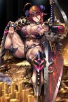  abs ahoge breasts bursting_breasts chain_chronicle cleavage coin grin highres horns huge_breasts long_hair looking_at_viewer muscle muscular_female red_hair sharp_teeth smile solo sword teeth thick_thighs thighs very_long_hair weapon yana_(nekoarashi) 