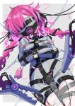  1girl absurdres alligator_clip arms_across_body arms_under_breasts bdsm blindfold bound bound_arms braid breasts cable chain collar commentary_request egg_vibrator electrodes electrostimulation highres hitachi_magic_wand lock long_hair mask medium_breasts menou_74 mouth_mask mute_speaker_sign original padlock purple_hair sex_toy solo straitjacket twin_braids variant_set very_long_hair vibrator vibrator_cord 