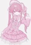  1girl absurdres accurate_lolita_coord blush_stickers bow check_copyright copyright_request cowboy_shot dress frilled_dress frills hand_up highres juliet_sleeves lolita_fashion long_hair long_sleeves looking_at_viewer monochrome nial original pink_theme puffy_sleeves simple_background single_blush_sticker solo standing sweet_lolita twintails white_background 