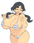  :d absurdres alternate_breast_size_(larger) areola_slip bare_arms bare_shoulders bikini blue_bikini blue_hair breasts cleavage closed_eyes commentary cowboy_shot curvy drasna_(pokemon) english_commentary fatter_than_canon hands_up happy highres huge_breasts large_areolae legs_together light_blush long_hair mature_female mayu_naisu navel plump pokemon pokemon_x_and_y simple_background skindentation smile standing straight_hair striped_bikini striped_clothes swimsuit thick_eyebrows white_background 