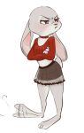  1girl afterimage alternate_costume animal_ears animal_feet animal_nose annoyed barefoot black_skirt blush body_fur breasts choker closed_mouth commentary crop_top crossed_arms ears_down full_body furry furry_female grey_fur half-closed_eyes judy_hopps layered_skirt light_blush long_sleeves looking_to_the_side meme_(penpengusa_no_meme) midriff miniskirt motion_lines pout purple_eyes rabbit_ears rabbit_girl rabbit_tail red_choker red_shirt ribbed_shirt see-through_clothes see-through_skirt shirt short_tail simple_background skirt small_breasts solo standing tail tapping_foot untranslatable_commentary v-shaped_eyebrows waiting white_background zootopia 