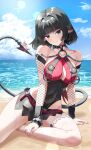  1girl absurdres ambasa animal_ear_piercing animal_ears arm_support bare_shoulders beach black_hair black_one-piece_swimsuit black_sarong blue_eyes blue_sky breast_curtains breasts choker closed_mouth cloud collarbone commentary_request covered_navel fishnet_sleeves fishnets highres horizon jane_doe_(nocturne_of_light)_(zenless_zone_zero) jane_doe_(zenless_zone_zero) large_breasts leather_leotard long_hair looking_at_viewer mouse_ears mouse_girl mouse_tail multicolored_hair notched_ear o-ring o-ring_choker o-ring_one-piece_swimsuit ocean official_alternate_costume one-piece_swimsuit outdoors red_hair red_nails sand sarong sharp_tail sitting sky smile solo sweat swimsuit tail water zenless_zone_zero 