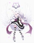  1girl alternate_costume black_dress black_shoes blue_archive commentary_request dress drill_hair drill_sidelocks feathered_wings gloves halo head_wings highres hina_(blue_archive) koflif layered_dress long_hair low_wings magical_girl purple_eyes shoes sidelocks sleeveless sleeveless_dress solo star_halo striped_clothes striped_thighhighs thighhighs twin_drills very_long_hair white_dress white_gloves white_hair white_wings wings 