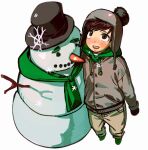  1boy :d animification black_gloves black_hat blush brown_coat brown_eyes brown_hair brown_hat brown_pants coat drawstring edd_(eddsworld) eddsworld foreshortening from_above gloves green_hoodie green_shoes hat heart2d1 highres hood hood_down hoodie long_sleeves male_focus official_alternate_costume open_mouth pants perspective pom_pom_(clothes) shoes short_hair simple_background smile snowflakes snowman solo swept_bangs top_hat white_background winter_clothes 