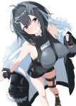  1girl ahoge alternate_eye_color arknights bare_shoulders black_gloves black_hair black_jacket black_shorts blush breasts commentary_request feather_hair fingerless_gloves fur-trimmed_jacket fur_trim gloves grey_shirt hair_intakes hair_ornament hairclip heka=ton highres jacket la_pluma_(arknights) large_breasts looking_at_viewer off_shoulder open_clothes open_jacket partial_commentary purple_eyes shirt short_hair shorts simple_background sleeveless sleeveless_shirt smile solo standing white_background 