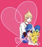  1boy aged_down barefoot black_shirt blonde_hair blue_eyes blue_pants bouquet closed_mouth cloud_strife commentary fig82117s final_fantasy final_fantasy_vii final_fantasy_vii_remake flower full_body highres holding holding_bouquet hugging_own_legs lily_(flower) looking_at_viewer low_ponytail male_focus official_alternate_costume pants pink_background ponytail shirt shirt_under_shirt sitting smile solo spiked_hair untranslatable_commentary white_flower white_shirt yellow_flower 
