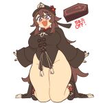  1girl :d absurdres alternate_breast_size_(larger) bare_legs black_dress black_hat black_nails black_shoes blush breasts brown_hair coffin curvy dot_nose dress english_commentary english_text fang fatter_than_canon genshin_impact hat highleg highleg_dress highres hu_tao_(genshin_impact) kneeling knees_together_feet_apart large_breasts legs_together long_hair long_sleeves mayu_naisu orange_eyes shoes simple_background smile solo star-shaped_pupils star_(symbol) straight_hair symbol-shaped_pupils thick_thighs thighs very_long_hair white_background wide_hips wide_sleeves 