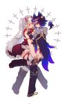  2girls animal_ears blue_eyes blue_hair blush boots braid cheru_(cheruleanart) commentary demon_girl demon_horns dress english_commentary eye_mask frills grey_hair highres horns indie_virtual_youtuber long_hair lucy_pyre mask multiple_girls raccoon_ears raccoon_girl red_eyes red_horns short_hair snuffy_(avatar_of_death)_(vtuber) snuffy_(vtuber) thighs virtual_youtuber white_background yuri 