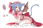  animal_ears bat_wings blue_hair bow cat_ears cat_tail frills full_body hat hat_ribbon high_heels jewelry kemonomimi_mode looking_at_viewer mob_cap open_mouth panzer paw_print puffy_sleeves red_eyes remilia_scarlet ribbon sash shirt short_hair short_sleeves simple_background sitting skirt skirt_set smile solo tail text_focus thighhighs touhou whiskers white_background white_legwear wings wrist_cuffs 
