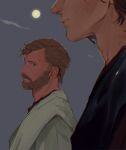  2boys anakin_skywalker beard black_robe blurry blurry_foreground brown_eyes brown_hair closed_mouth colored_skin facial_hair full_moon grey_skin highres lanimalu looking_at_another male_focus moon multiple_boys mustache obi-wan_kenobi robe short_hair star_wars swept_bangs upper_body white_robe 