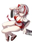  1girl ;) ahoge arknights bikini breasts chinese_commentary cleavage closed_mouth commentary_request demon_girl demon_horns demon_tail flip-flops full_body highres horns large_breasts looking_at_viewer maxin_(xinzhisuozai) nail_polish one_eye_closed red_bikini red_eyes red_nails sandals short_hair simple_background smile solo swimsuit tail toenail_polish toenails w_(arknights) w_(summer)_(arknights) white_background white_hair 