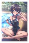  1girl absent absurdres alternate_costume barefoot blue_eyes blurry blurry_background blush border breasts brown_hair clothes_pull clothes_writing commentary_request competition_swimsuit covered_navel cowboy_shot day feet fence grin highleg highleg_one-piece_swimsuit highres hololive indian_style jacket large_breasts looking_at_viewer off_shoulder one-piece_swimsuit one-piece_swimsuit_pull oozora_subaru open_clothes open_jacket outdoors pool poolside pulling_own_clothes short_hair side_part sitting smile solo standing straight-on swept_bangs swimsuit toenails toes v v_over_eye virtual_youtuber wet whistle whistle_around_neck white_border 