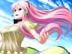  2girls black_choker blue_eyes blue_sky breasts choker cloud commentary_request contrail day fingernails floating_hair flying green_skirt hatsune_miku headset lace-trimmed_skirt lace_trim long_hair looking_afar medium_breasts megurine_luka multiple_girls open_mouth outdoors pink_hair pink_nails sengoku_esuji shirt short_sleeves skirt sky smile solo_focus upper_body vocaloid yellow_shirt 