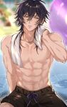  1boy artist_request bad_link black_hair black_swim_trunks gold_necklace highres jewelry male_focus necklace paradox_live pool shingu_haruomi short_hair sweatdrop toned toned_male topless_male towel towel_around_neck wet wet_hair yellow_eyes 