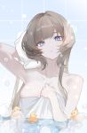  1girl arm_up bathing bathtub blue_eyes blunt_bangs breasts brown_hair bubble collarbone commentary_request cranberry11_207 genshin_impact highres in_bathtub light_blush looking_at_viewer medium_breasts nude pale_skin ripples rubber_duck sandrone_(genshin_impact) steam tile_wall tiles towel towel_on_head upper_body wet wet_hair 