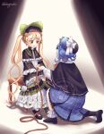  2girls absurdres artist_name asymmetrical_footwear bird_hat_ornament black_bow black_bowtie black_capelet black_flower black_hat black_rose black_shoes blonde_hair blue_hair blue_skirt bonnet bow bow_flower bowtie braid braided_hair_rings capelet commentary daisymels deerstalker dress flower flower-trimmed_dress flower-trimmed_skirt frilled_capelet frilled_dress frilled_skirt frilled_sleeves frilled_socks frills green_bonnet green_eyes green_shoes hair_bow hair_flower hair_ornament hair_rings hat hat_bow highres holding holding_rope layered_dress layered_skirt lolita_fashion long_hair long_sleeves mahou_shoujo_no_majo_saiban mismatched_footwear multiple_girls plaid_clothes plaid_skirt rope rose shirt shoes short_hair signature skirt socks spoilers spotlight tachibana_sherry tono_hanna twintails two-tone_dress untranslatable_commentary watermark white_bow white_flower white_rose white_shirt white_socks wide_sleeves yellow_flower yellow_rose yuri 