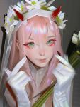  1girl absurdres aqua_eyes blush bridal_veil brush_stroke commentary darling_in_the_franxx demon_horns double-parted_bangs eyeshadow fingersmile flower gloves grey_background hair_between_eyes head_wreath highres holding holding_flower horns light_smile looking_at_viewer makeup nose nyte_tyde painterly pink_hair pink_lips portrait realistic red_eyeshadow red_horns solo veil white_gloves zero_two_(darling_in_the_franxx) 